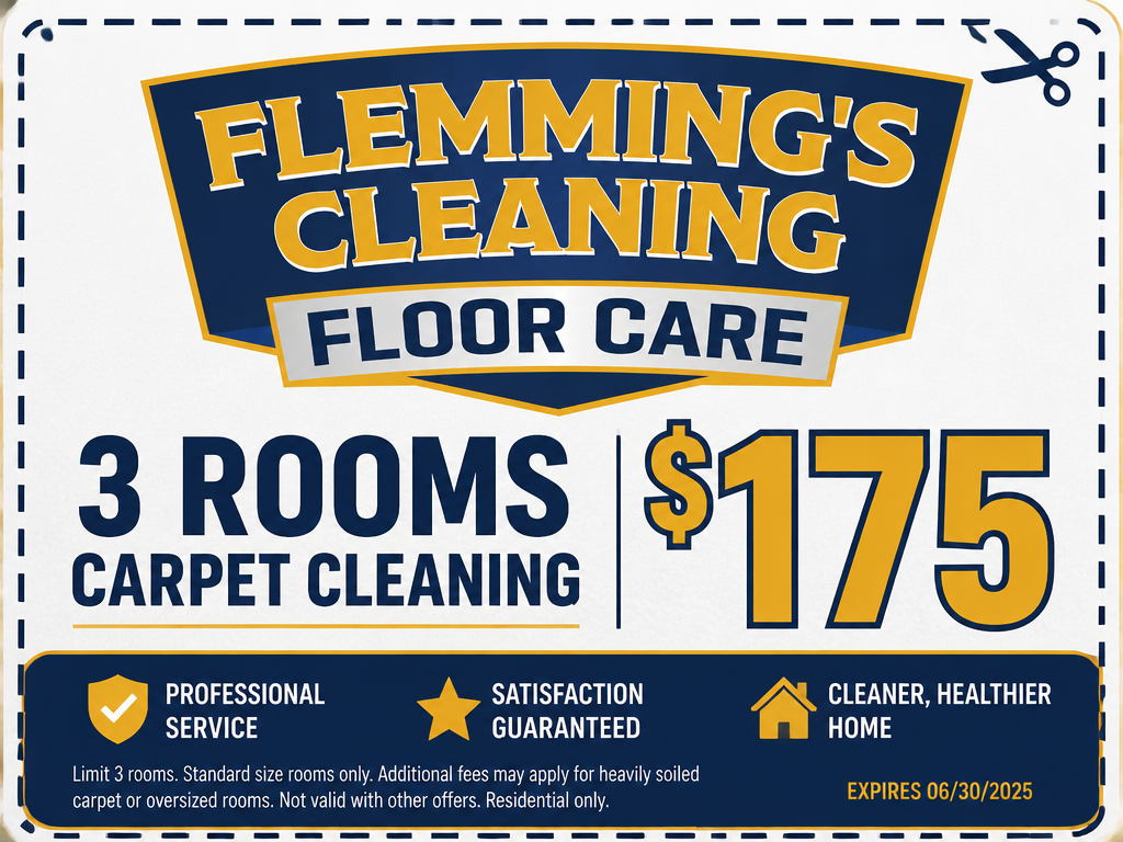 Flemming’s Cleaning ad for floor care: 3 rooms carpet cleaning for $175, with service icons on blue and gold banner.