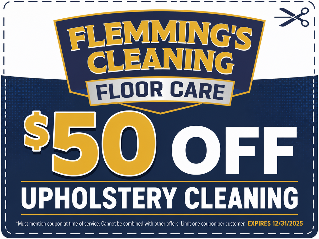 Flemming’s Cleaning Floor Care coupon: $50 off upholstery cleaning on blue, white, and gold design