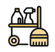 Cart with cleaning supplies: spray bottle, detergent, broom, and brush