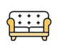 Yellow sofa with black cushions and wooden legs