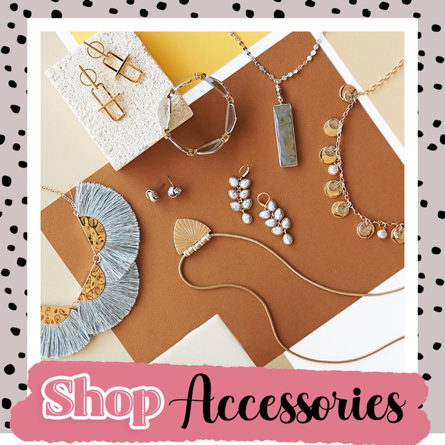 Assorted jewelry accessories on tan and white background with “Shop Accessories” text