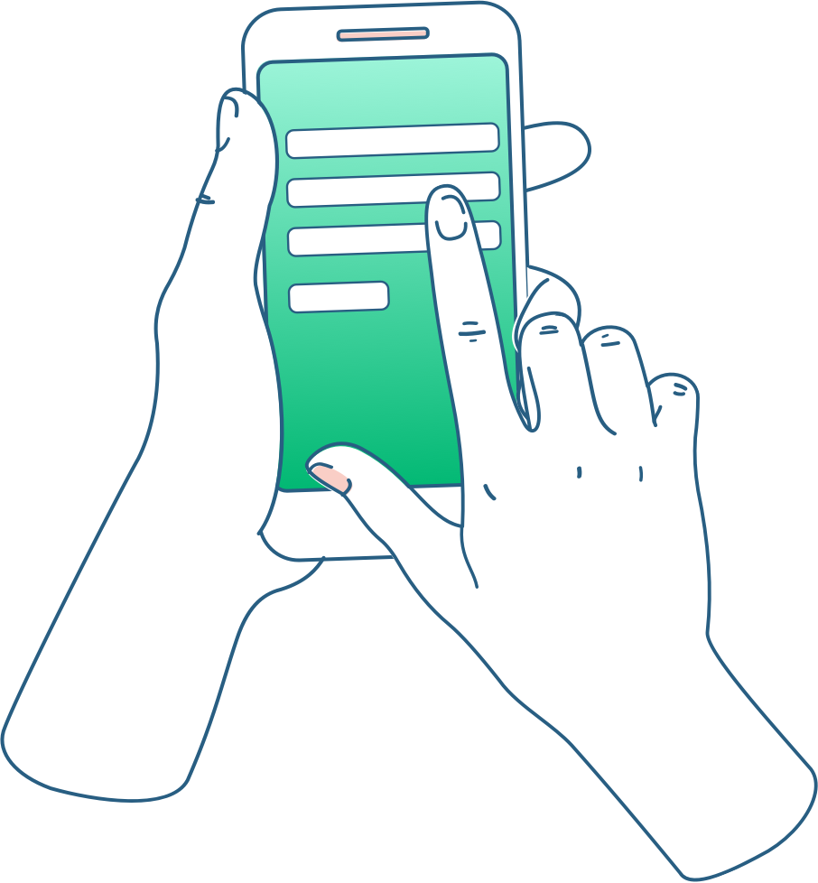 Hands using a smartphone with a green screen and white menu bars, tapping the display.
