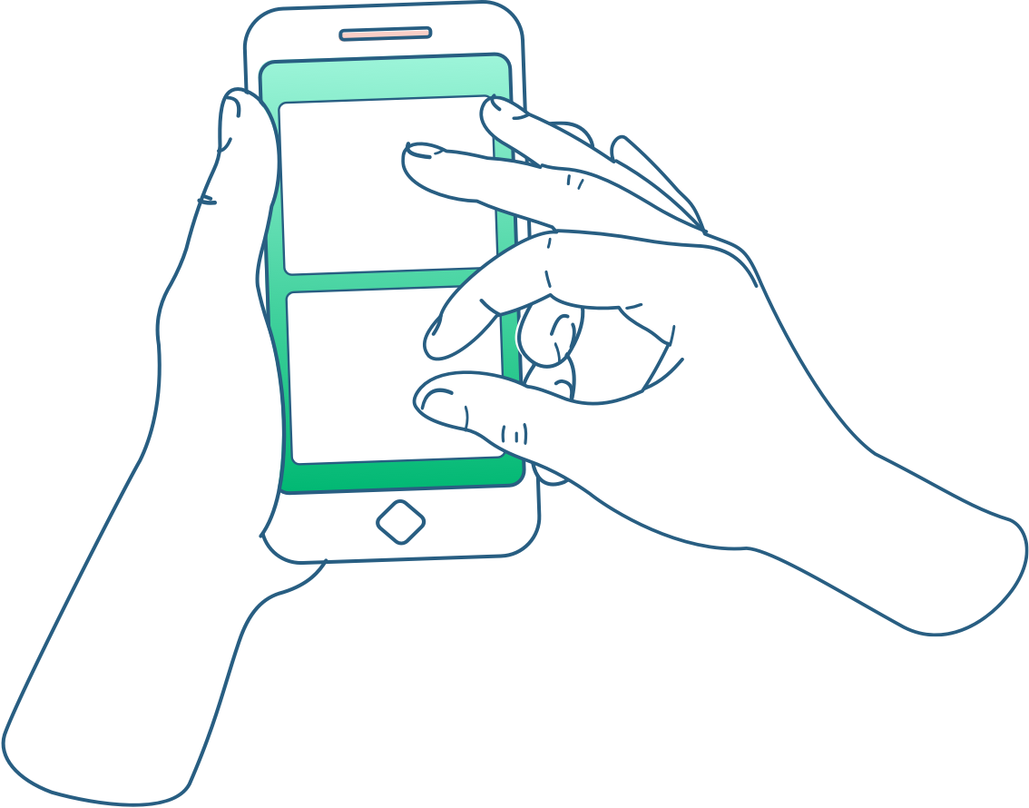 Hands using a smartphone, one tapping the screen with a finger gesture.