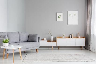 Gray living room with sofa, coffee table, and white storage unit against a light gray wall.