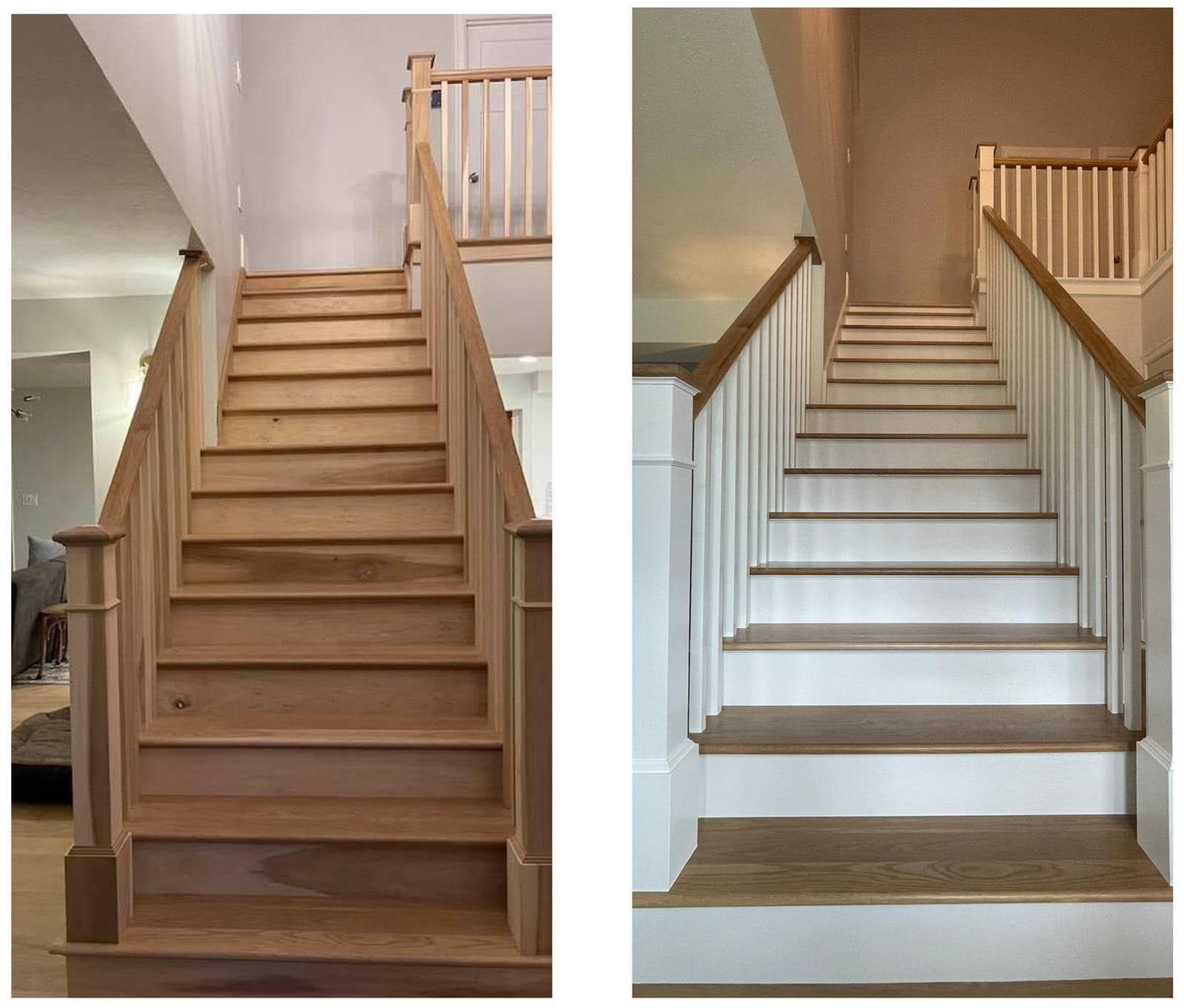 A before and after picture of a wooden staircase with white railings.