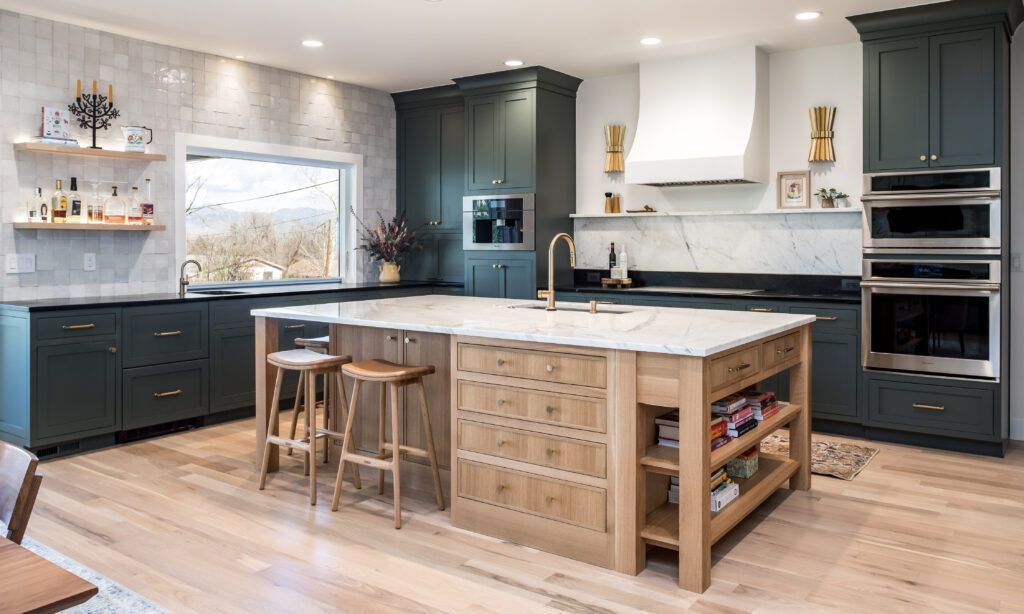 There is a large island in the middle of the kitchen.