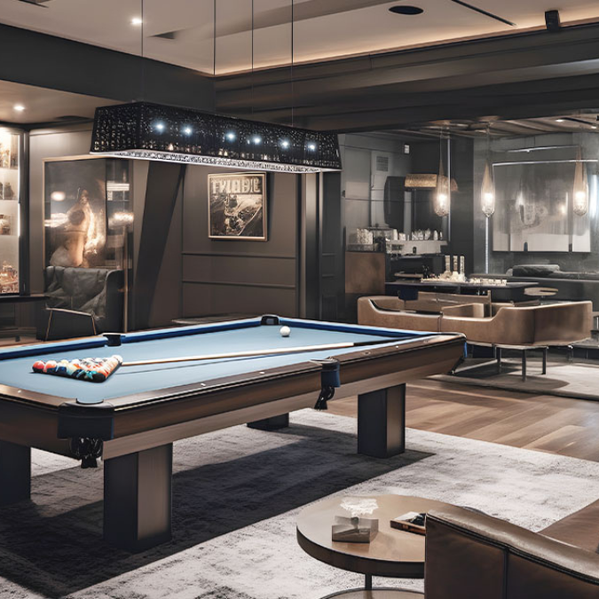 There is a pool table in the middle of the room.