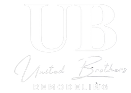 A white logo for united brothers remodeling on a white background.