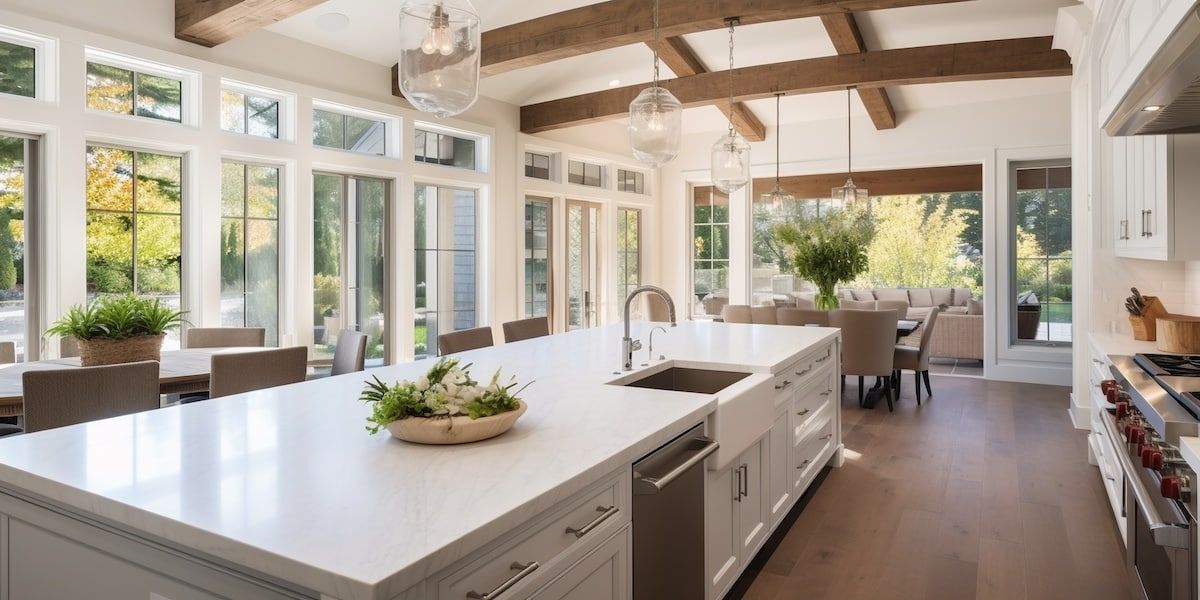 A kitchen with a large island , sink , and lots of windows.