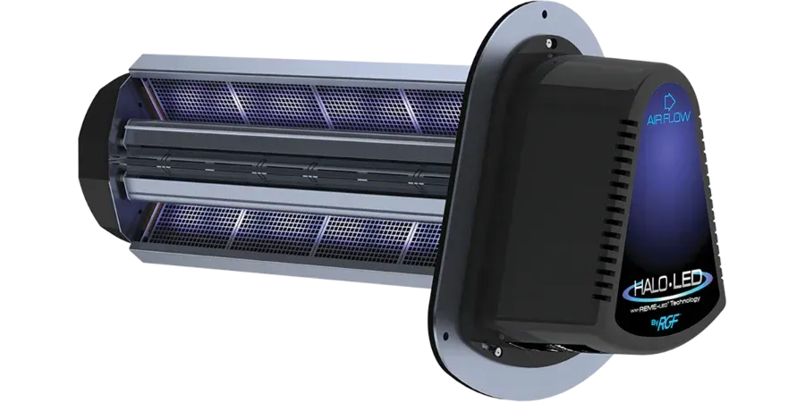 A black and silver air purifier with a blue light on it.