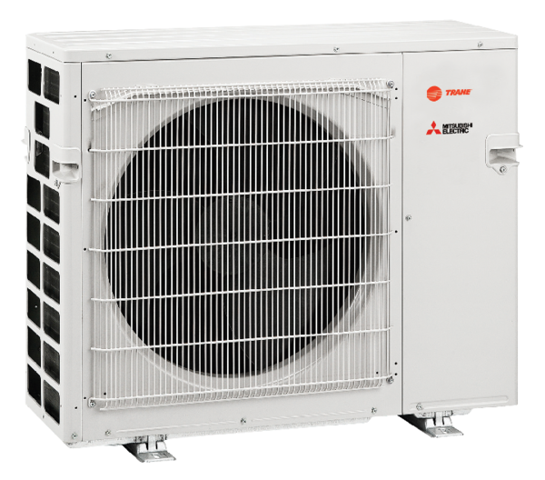 A white mitsubishi air conditioner is sitting on a white surface