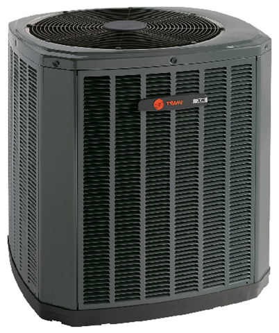A gray air conditioner is sitting on a white surface.