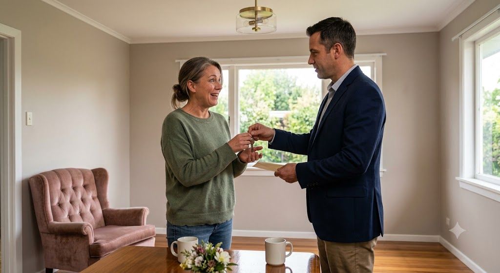 Homeowner receiving house keys from a cash home buyer during a simple as-is home sale process