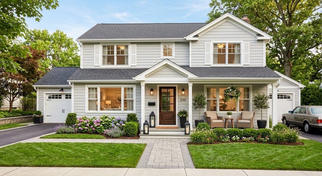 Beautiful two-story grey home with manicured green lawn, stone walkway, and front porch seating.