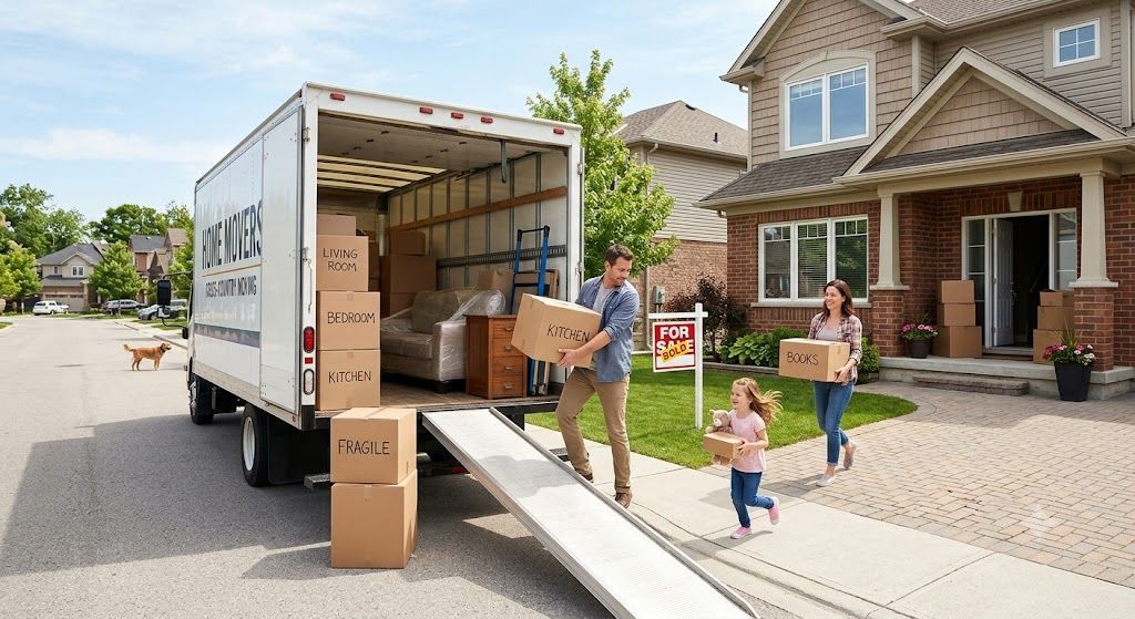 Family moving out of their home with boxes during a fast and stress-free house selling process