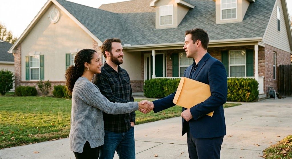 Homeowner woman shaking hands with a real estate agent holding an envelope outside a brick house.