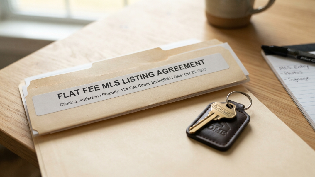 Flat fee bills living agreement folder with key on a desk