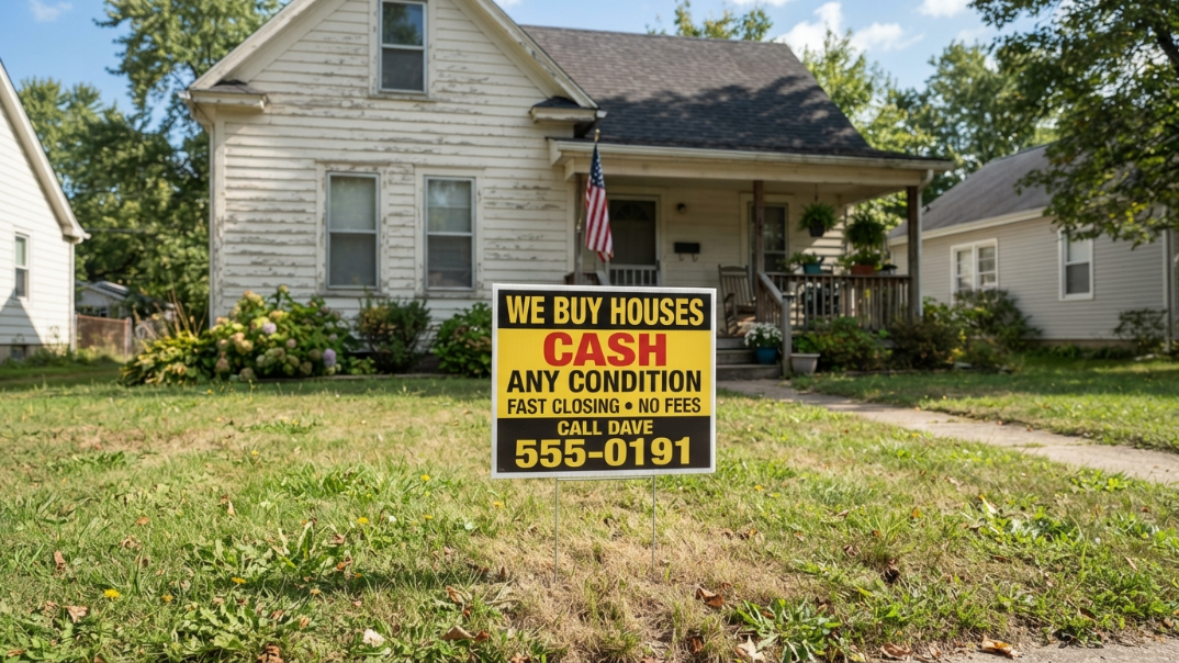 Old house with a front-yard sign reading “We Buy Houses Cash Any Condition” and a phone number.