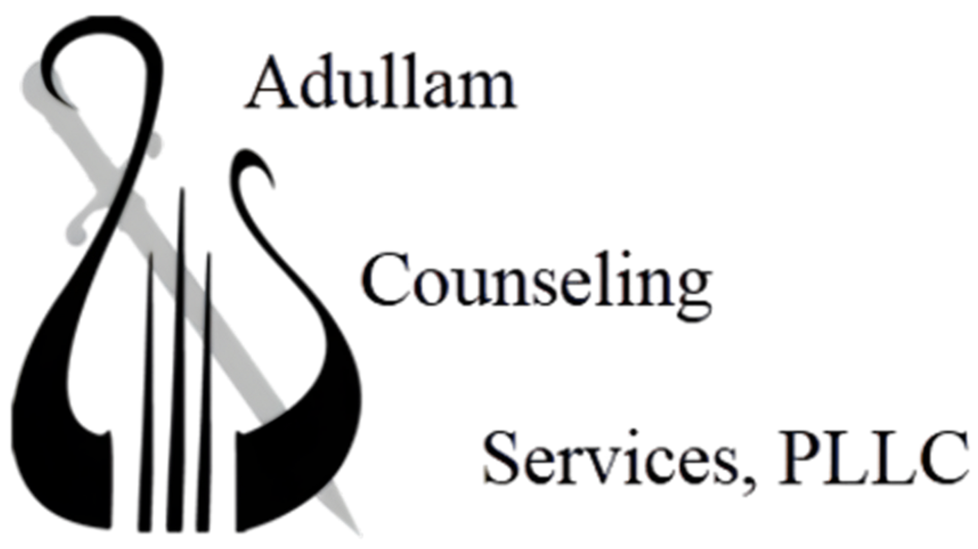 Logo for Adullam Counseling Services, PLLC featuring an abstract harp and sword graphic in black and grey.