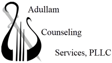 Logo for Adullam Counseling Services, PLLC, featuring a stylized black harp shape overlaid with a faint gray sword.