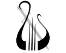 A black graphic of a lyre overlaid with a faint, light gray silhouette of a sword.