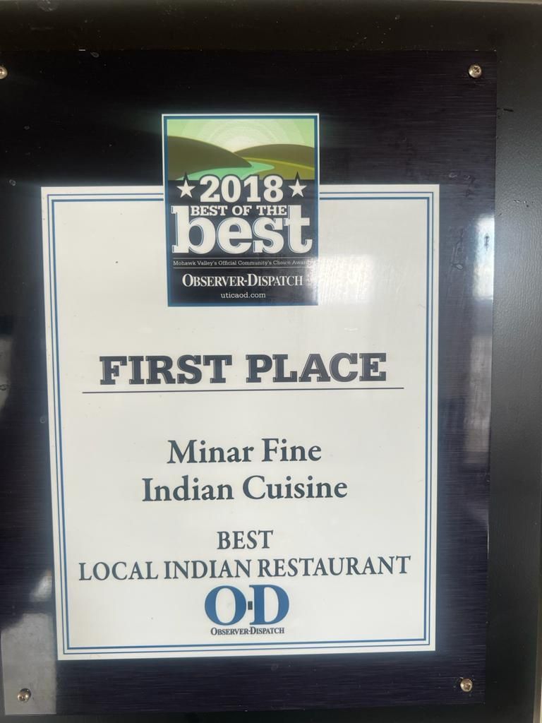 Award for Minar Fine Indian Cuisine: