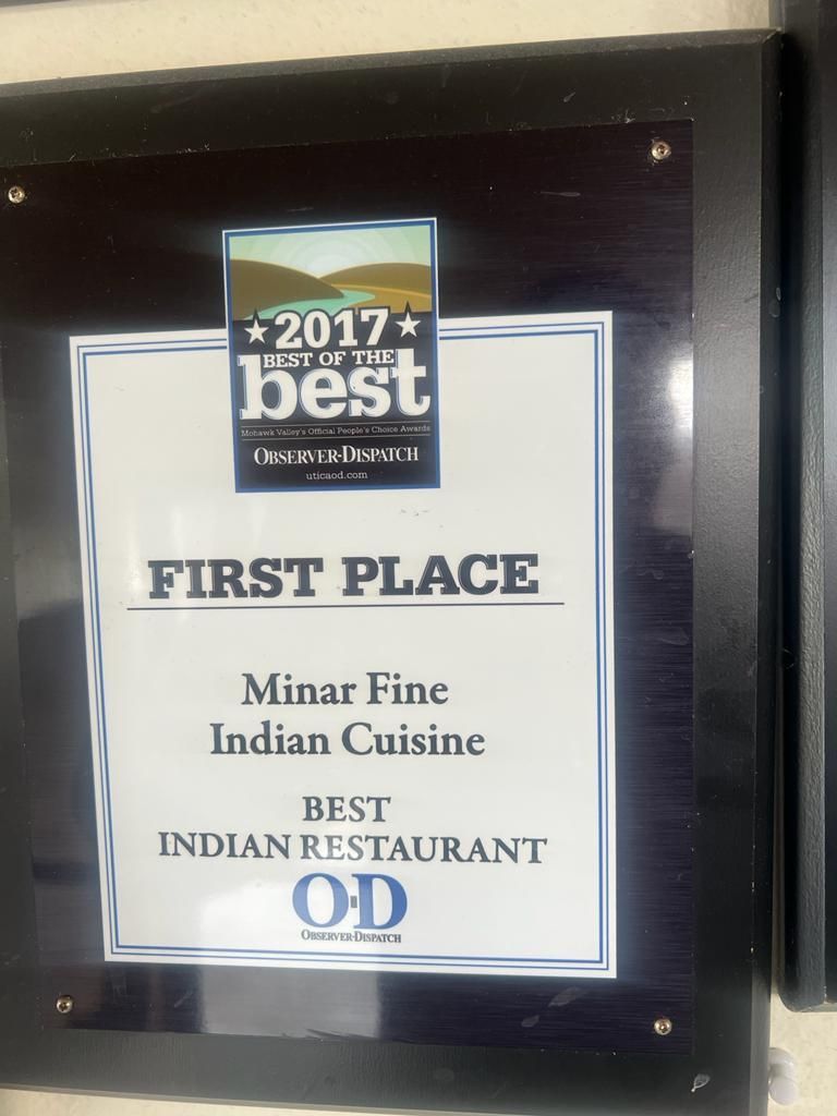 Framed award for Minar Fine Indian Cuisine, 2017
