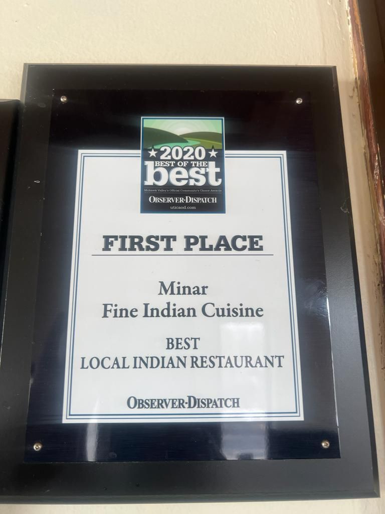 Framed award: Minar Fine Indian Cuisine, First Place, Best Local Indian Restaurant, Observer-Dispatch, 2020.