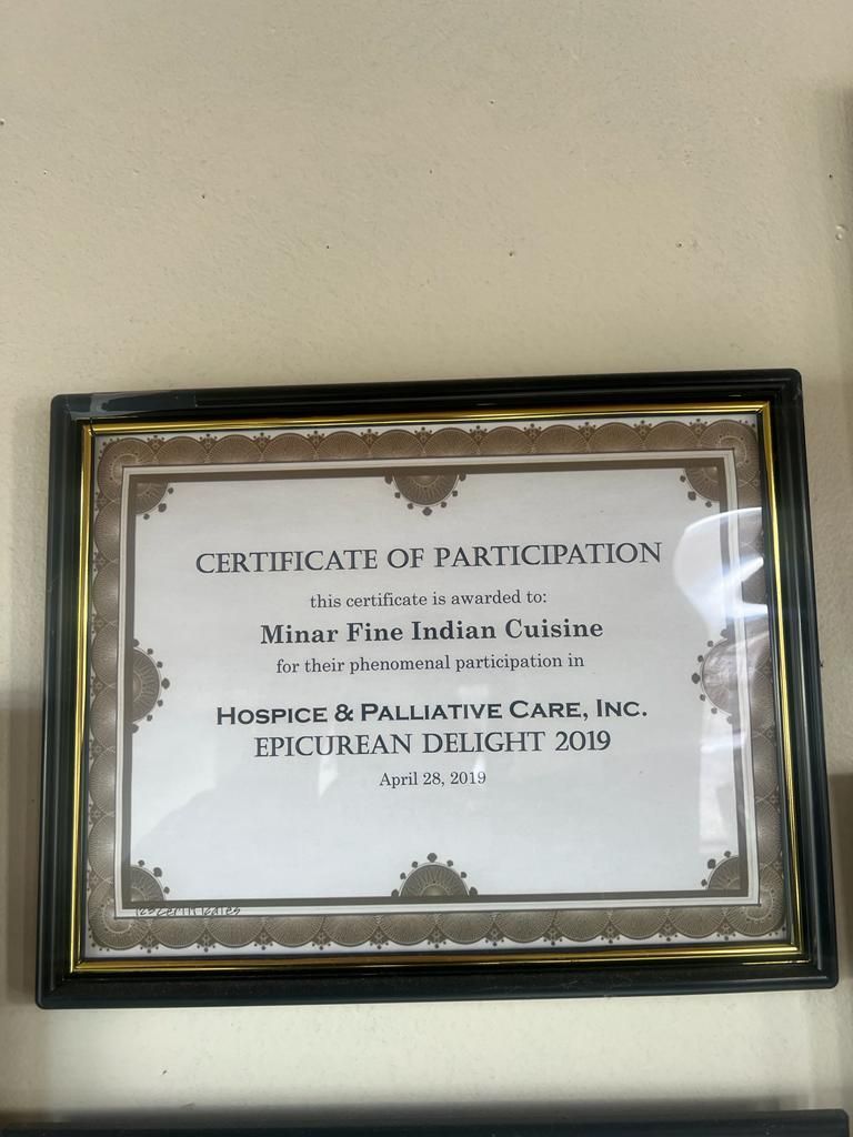 Framed certificate: Mizur Fine Indian Cuisine's participation in Hospice & Palliative Care's TPK Urban Delight 2019.
