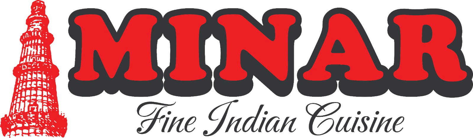 Logo for Minar Fine Indian Cuisine, features red text with a black outline, and an illustration of a minaret.