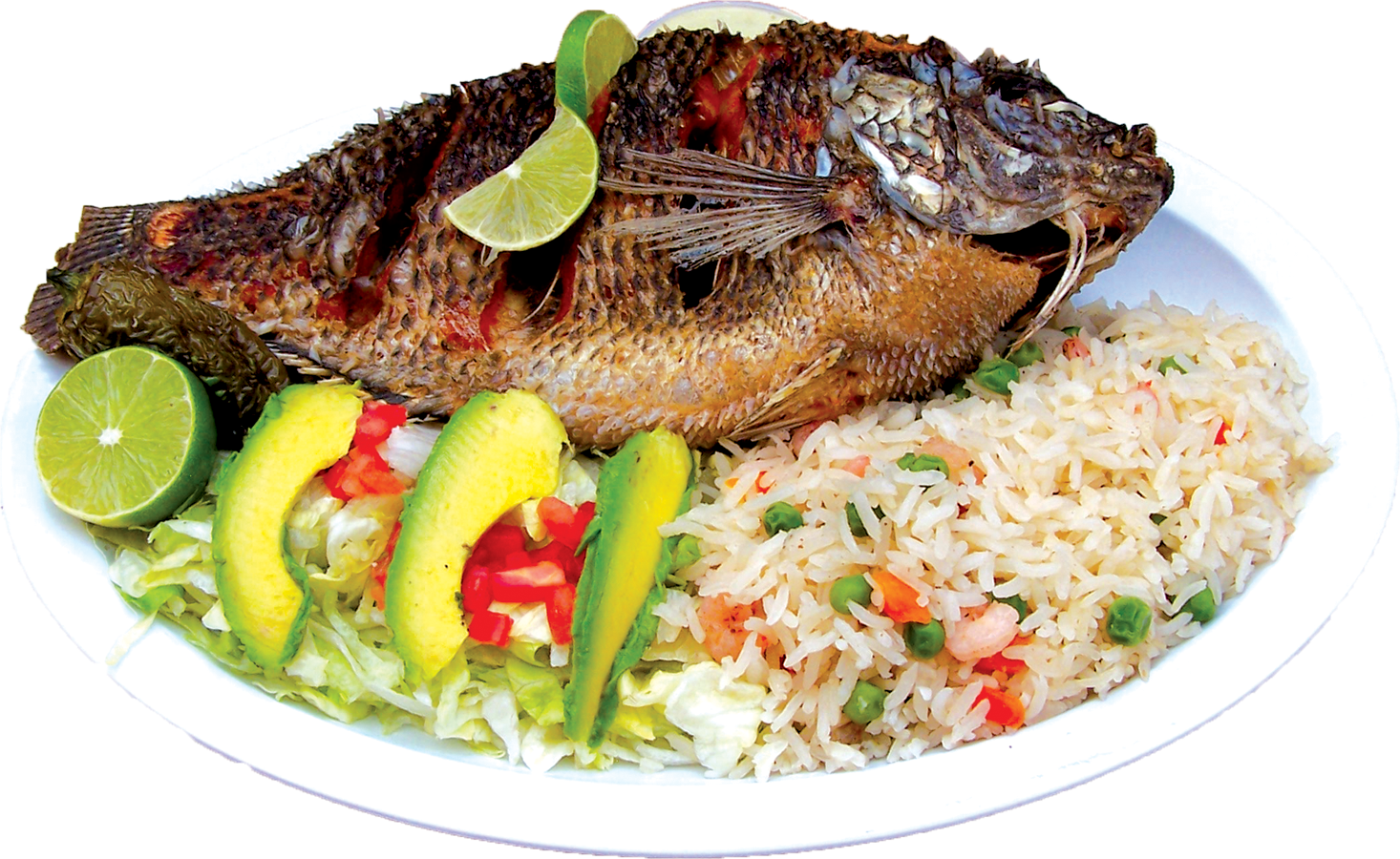 Fried fish with rice, avocado, and lime on a white plate.