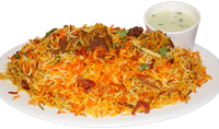 Plate of biryani rice with meat and yogurt sauce.