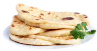 Stack of naan bread on a white plate, with brown spots and green parsley garnish.