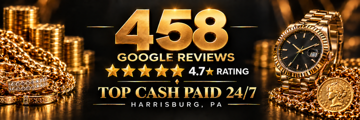 Gold cash-for-gold ad with jewelry, watch, and text “451 Google Reviews,” “4.7 rating,” “Top Cash Paid 24/7.”