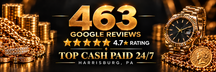 Gold cash-for-gold ad with jewelry, watch, and text “451 Google Reviews,” “4.7 rating,” “Top Cash Paid 24/7.”