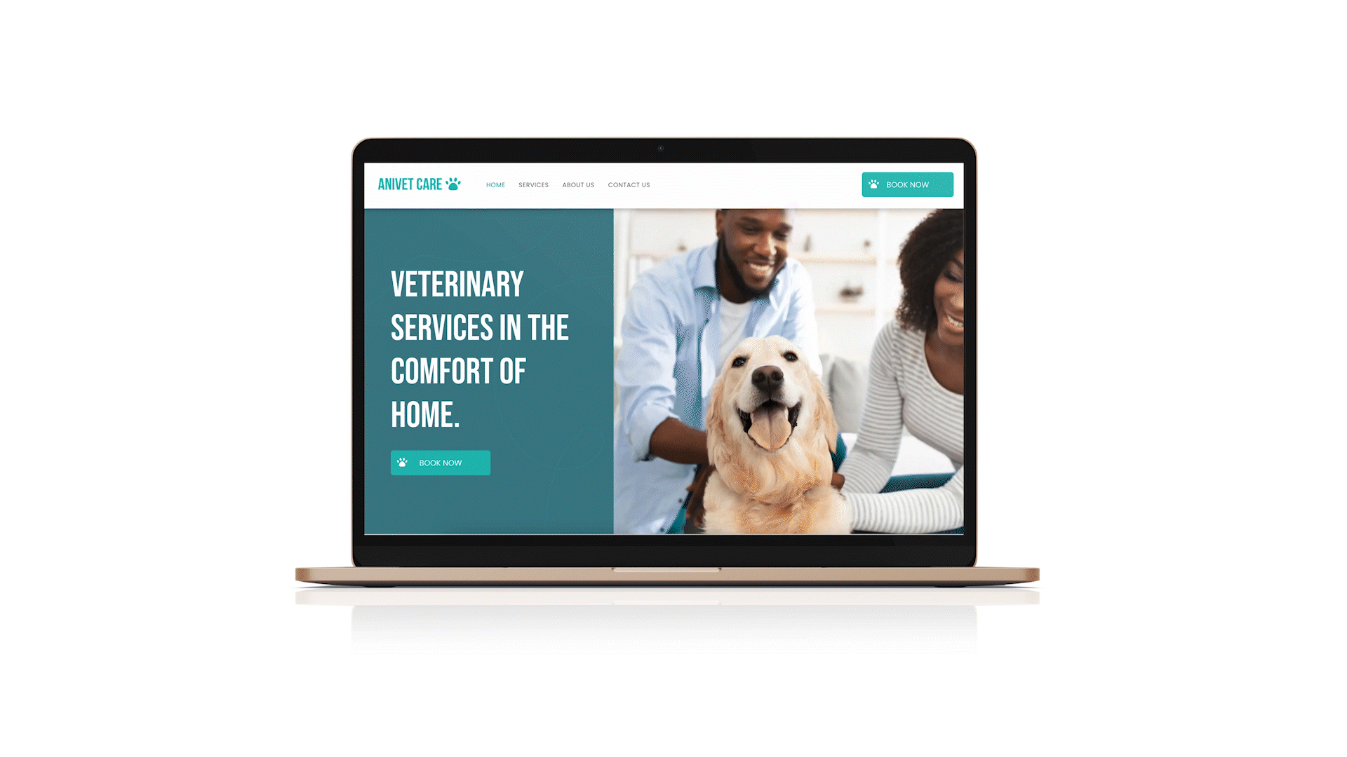 A laptop computer is open to a website for a veterinary services in the comfort of home.