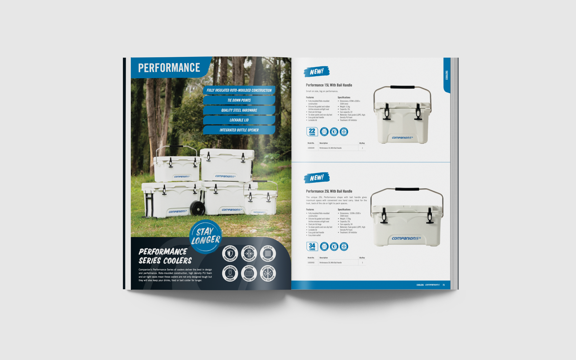 A magazine is open to a page with a picture of a stack of coolers.