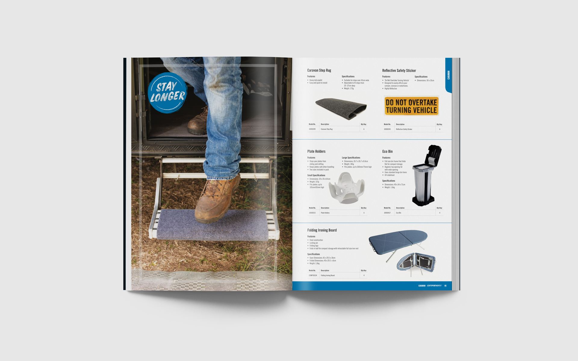 A catalog is open to a page with a person standing on a mat.