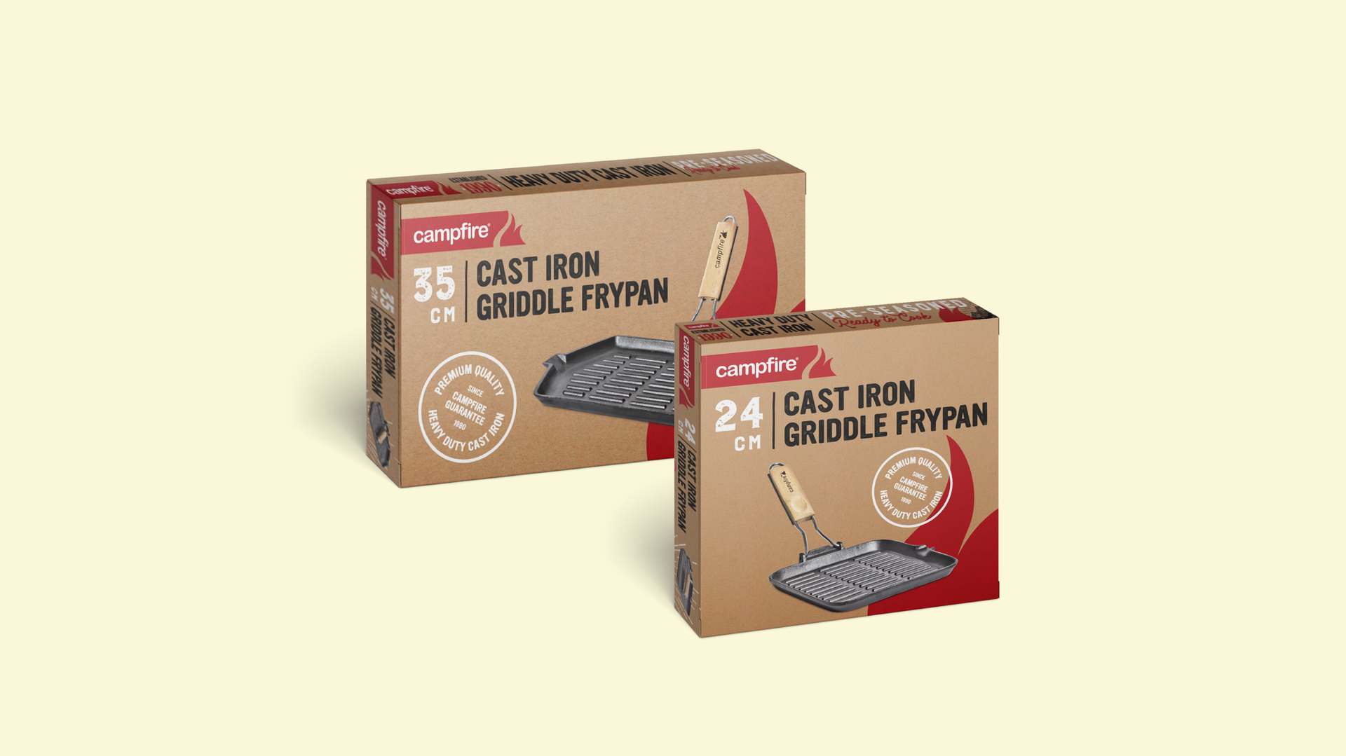 Two boxes of cast iron griddle frypans on a white background.