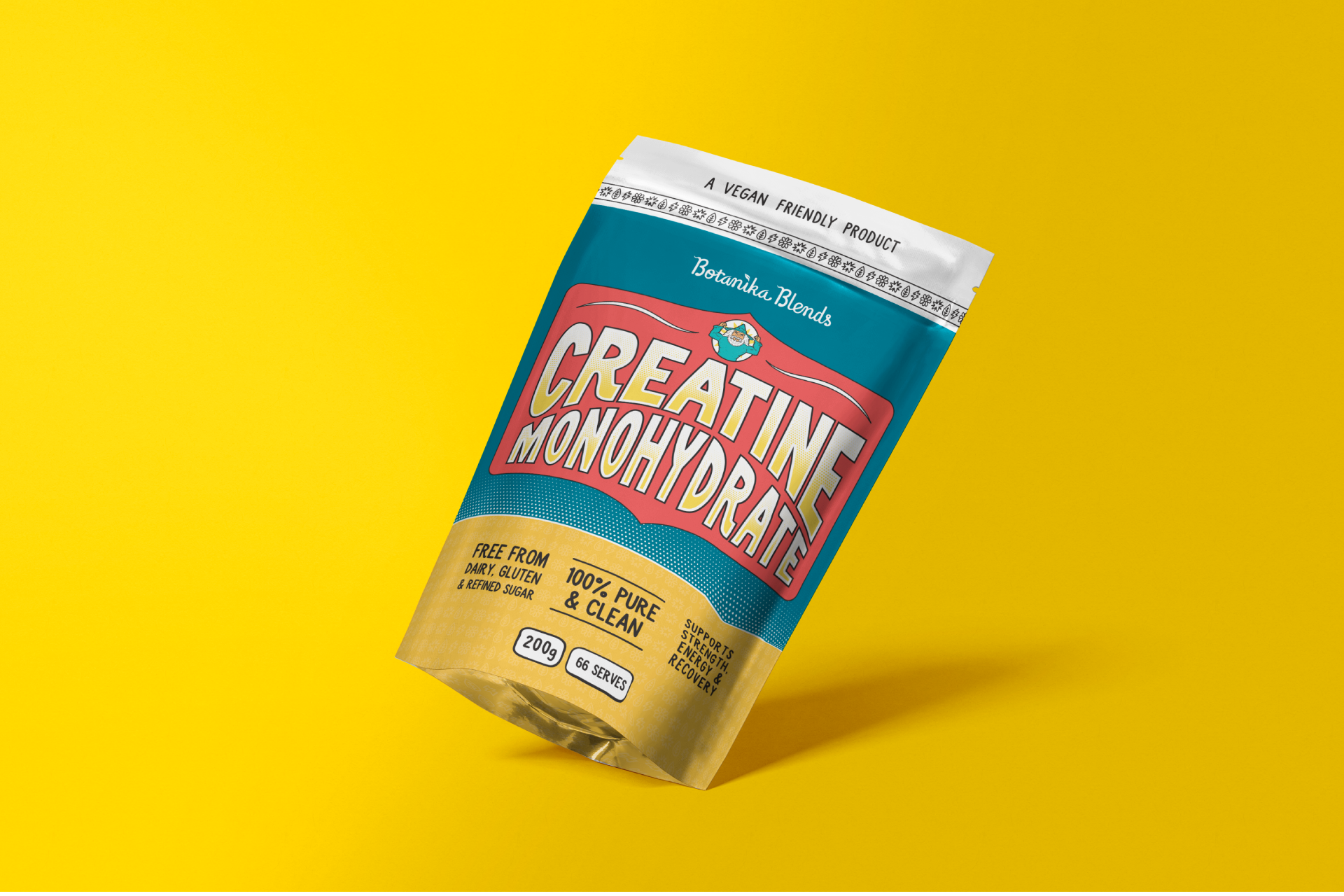 A bag of creatine monohydrate is floating in the air on a yellow background.
