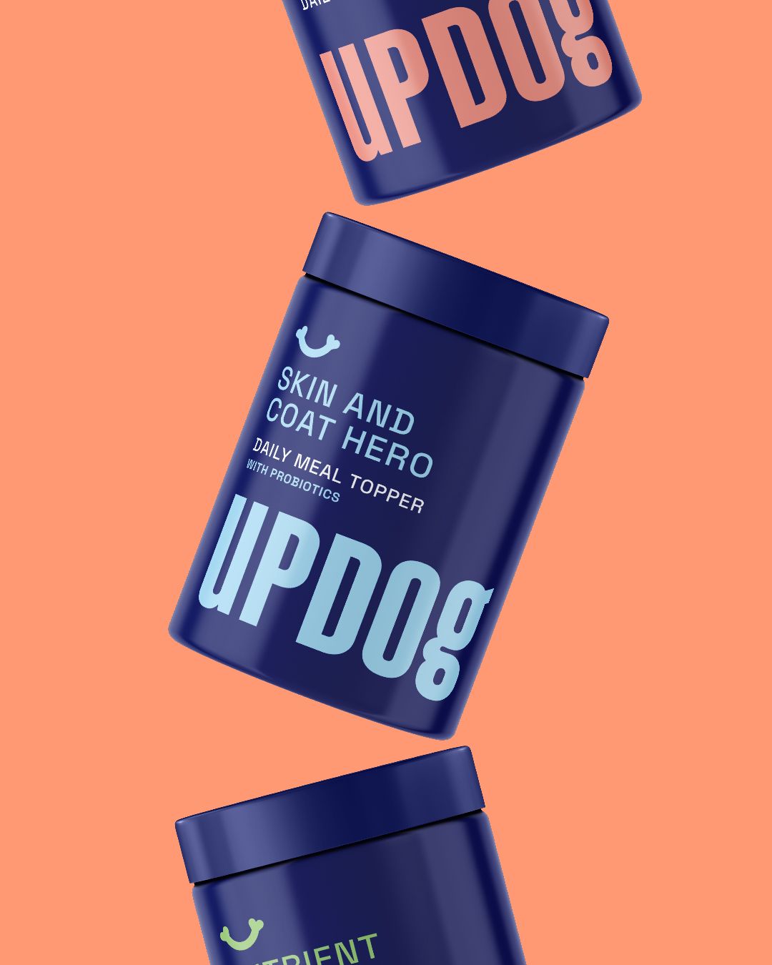 Navy blue UP DOG containers with salmon background.  Labels read, 