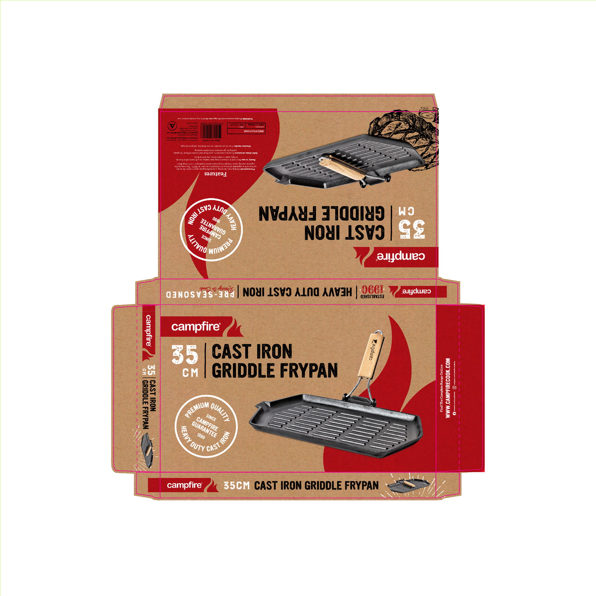 Top down view of a flattened box packaging for a Campfire product, demonstrating the dielines and artwork.
