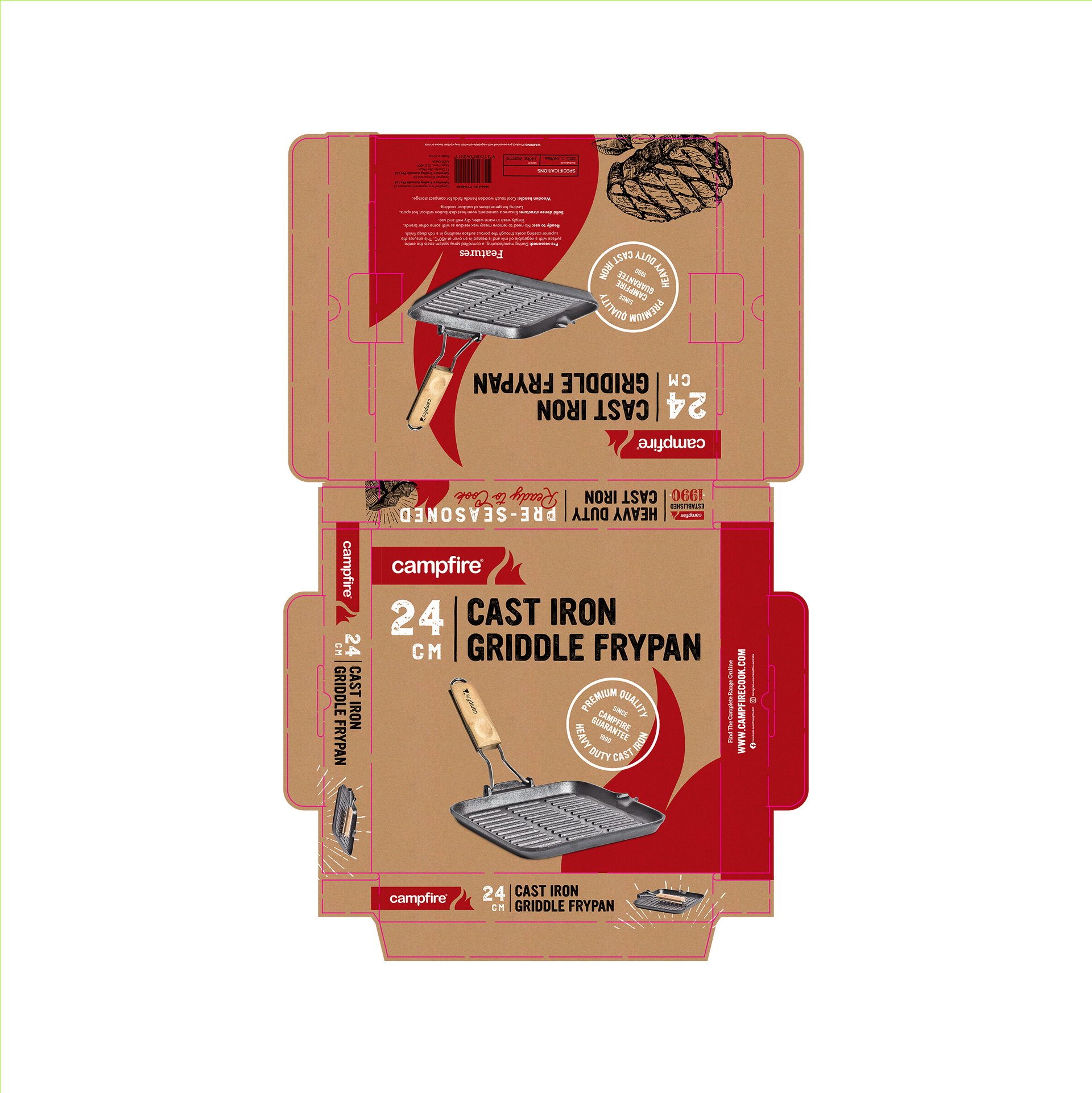 Top down view of a flattened box packaging for a Campfire product, demonstrating the dielines and artwork.