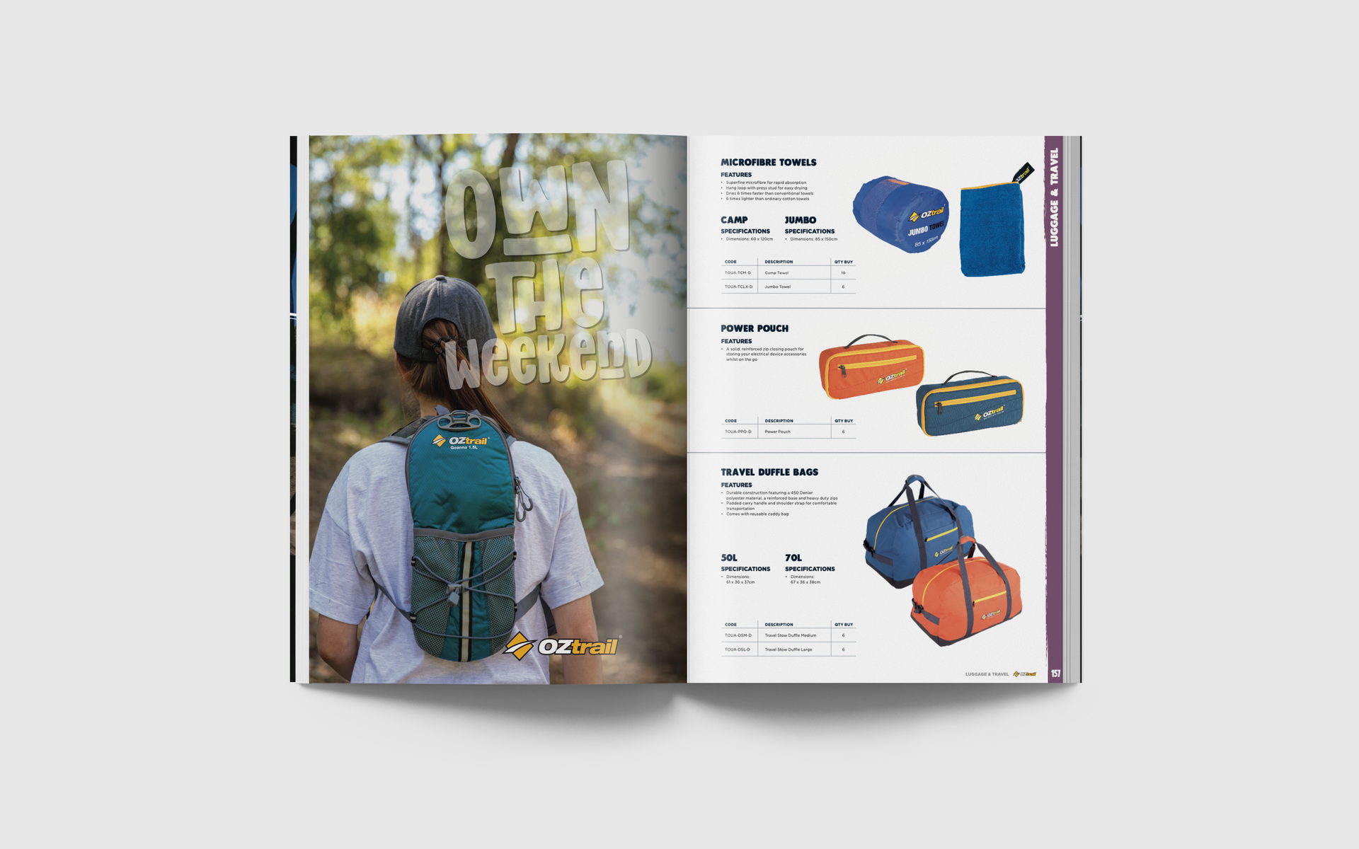 A book is open to a page with a man wearing a backpack.