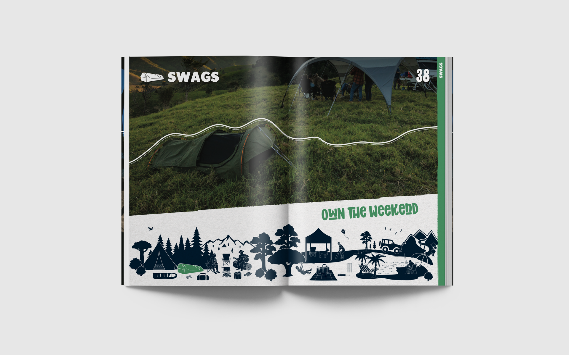 A magazine is open to a page with a tent in the grass.