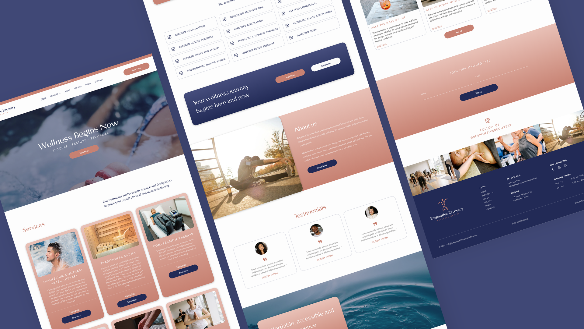 A bunch of screenshots of a website on a blue background.