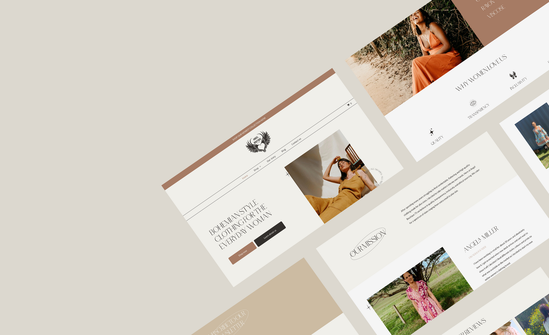 Bohemian-style clothing website for women displayed on multiple screens, featuring fashion images customer reviews.