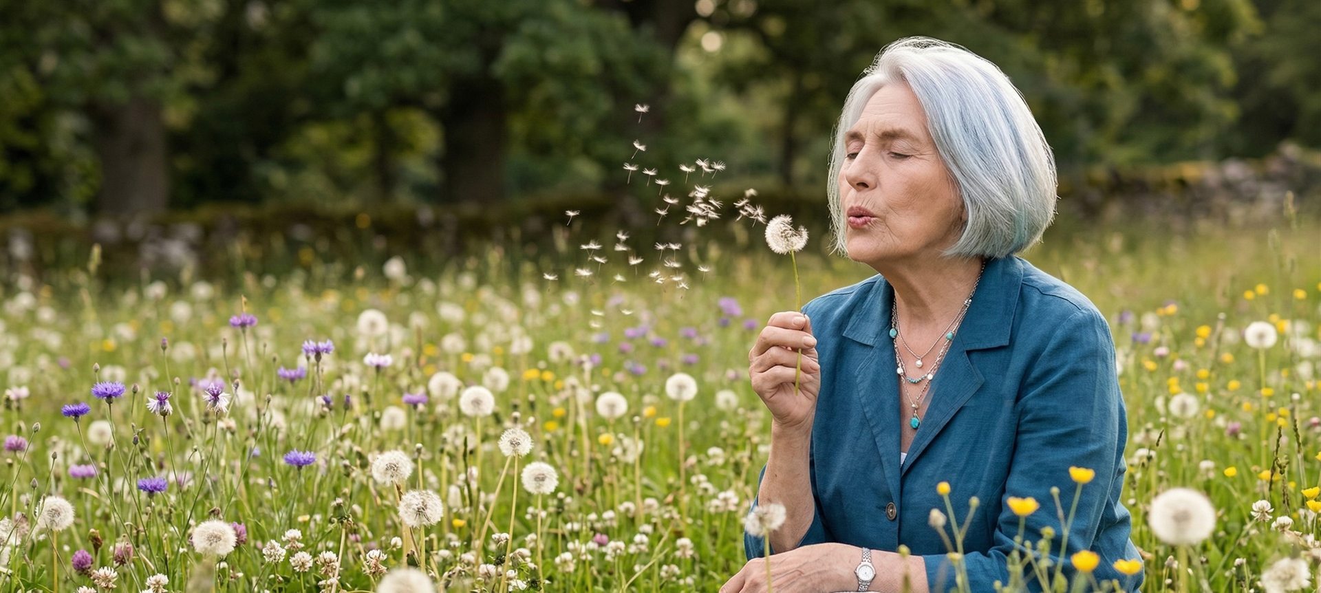 A person blows on a dandelion in a wildflower meadow, scattering seeds into the air.