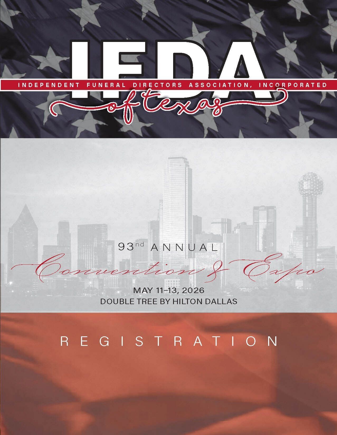 Poster for the 93rd Annual NMEA Convention, with American flag stars, city skyline, and “Registration” banner