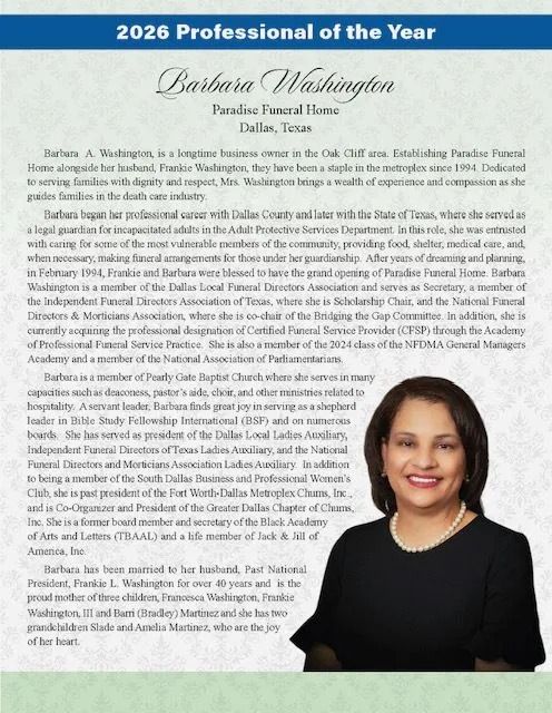 2026 Professional of the Year award page with portrait and event details, blue header, white background